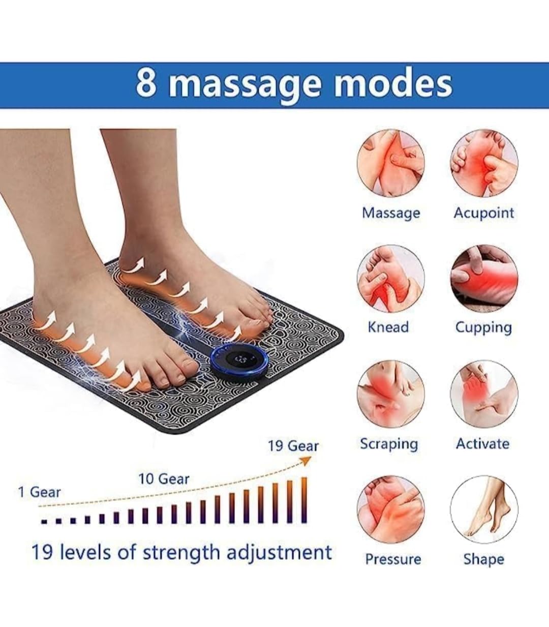 Rechargeable Electric Foot Massager with EMS Technology - 8 Modes & 19 Intensity Settings for Pain Relief and Relaxation