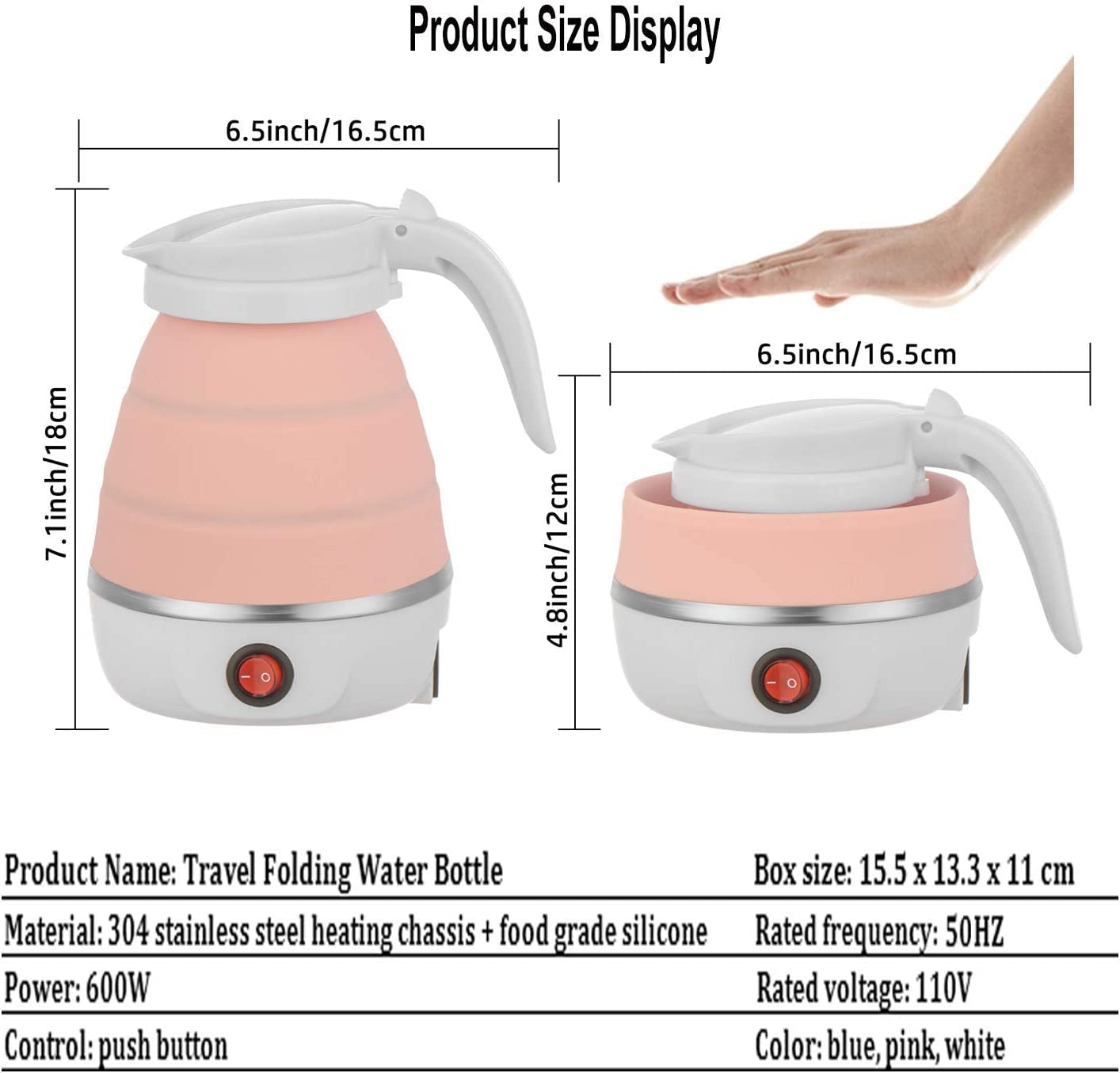 Travel Folding Electric Kettle | Fast Boiling Collapsible Portable Kettle, 600ml with Dual Voltage, Boil Dry Protection, and Food-Grade Silicone Body | 600W