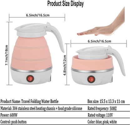 Travel Folding Electric Kettle | Fast Boiling Collapsible Portable Kettle, 600ml with Dual Voltage, Boil Dry Protection, and Food-Grade Silicone Body | 600W