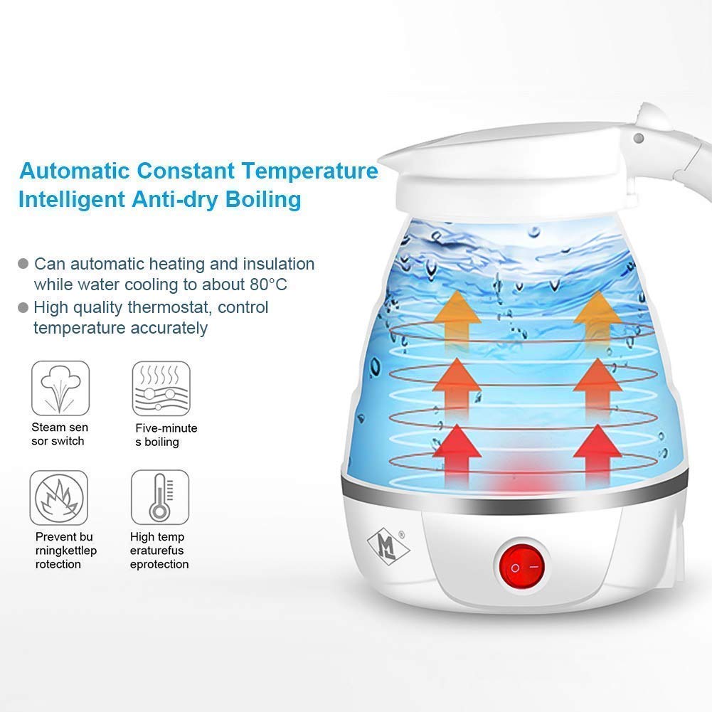 Travel Folding Electric Kettle | Fast Boiling Collapsible Portable Kettle, 600ml with Dual Voltage, Boil Dry Protection, and Food-Grade Silicone Body | 600W