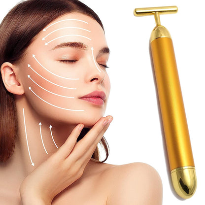 Gold Energy Beauty Bar Electric Vibration Facial Massager | Waterproof T-Shaped V-Shape Anti-Wrinkle Face Roller for Forehead, Cheek, Neck, Arm, Clavicle