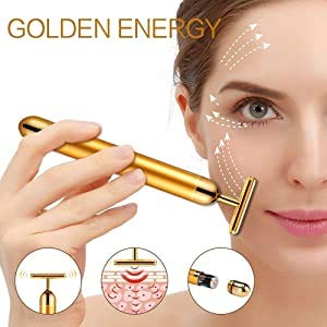 Gold Energy Beauty Bar Electric Vibration Facial Massager | Waterproof T-Shaped V-Shape Anti-Wrinkle Face Roller for Forehead, Cheek, Neck, Arm, Clavicle