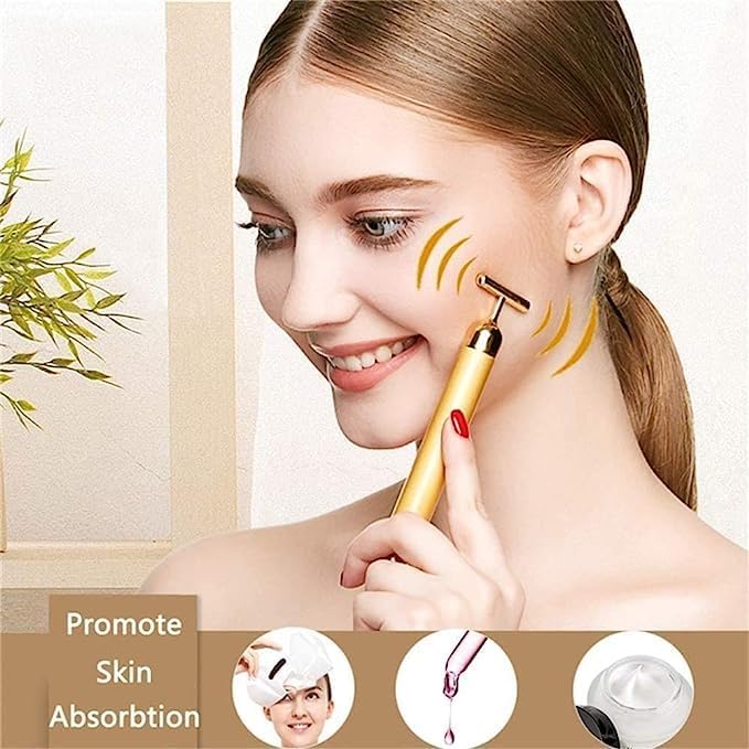 Gold Energy Beauty Bar Electric Vibration Facial Massager | Waterproof T-Shaped V-Shape Anti-Wrinkle Face Roller for Forehead, Cheek, Neck, Arm, Clavicle