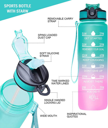 MOTIVATIONAL WATER BOTTLE WITH STRAW & TIME MARKER 900ml