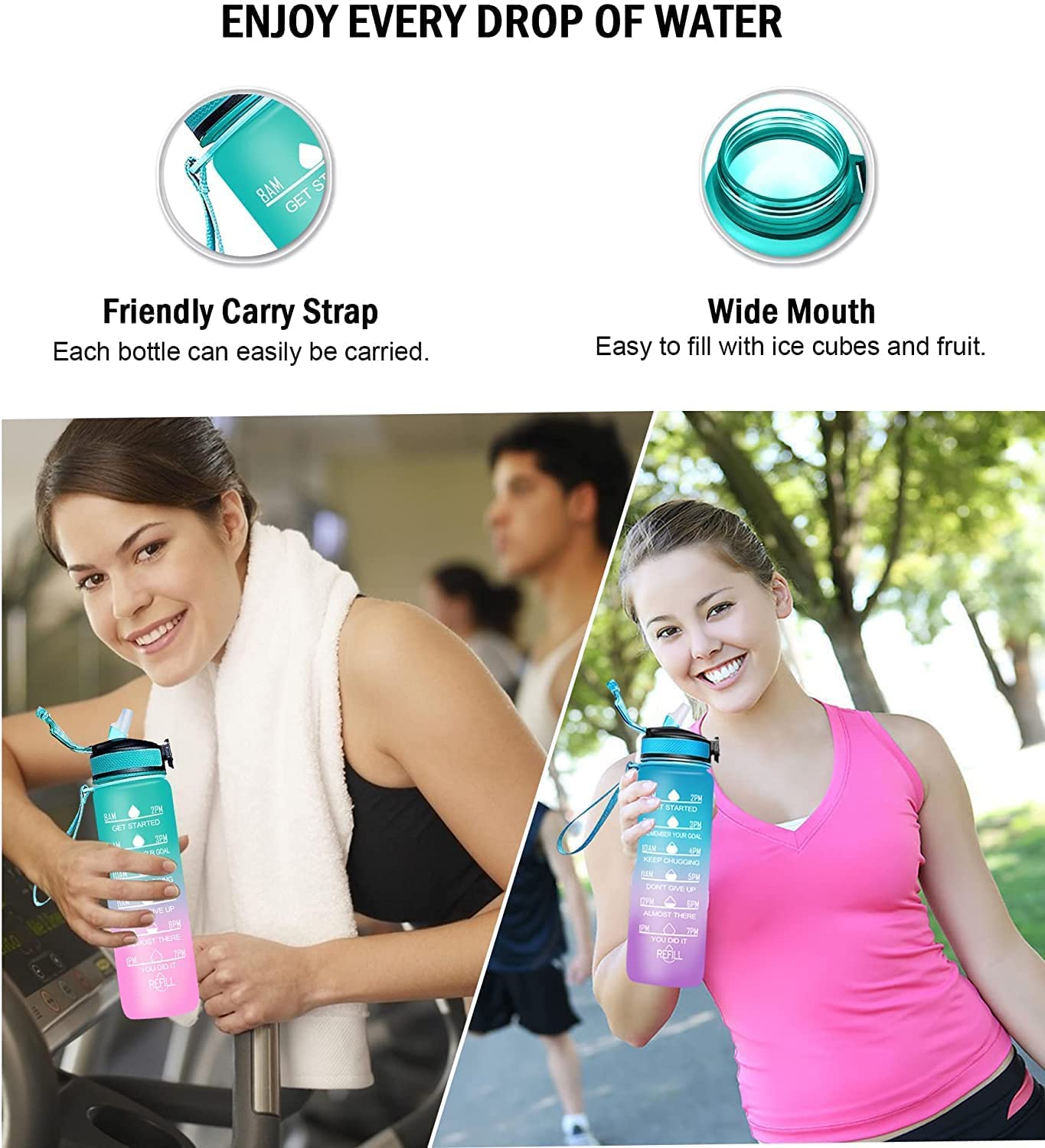 MOTIVATIONAL WATER BOTTLE WITH STRAW & TIME MARKER 900ml