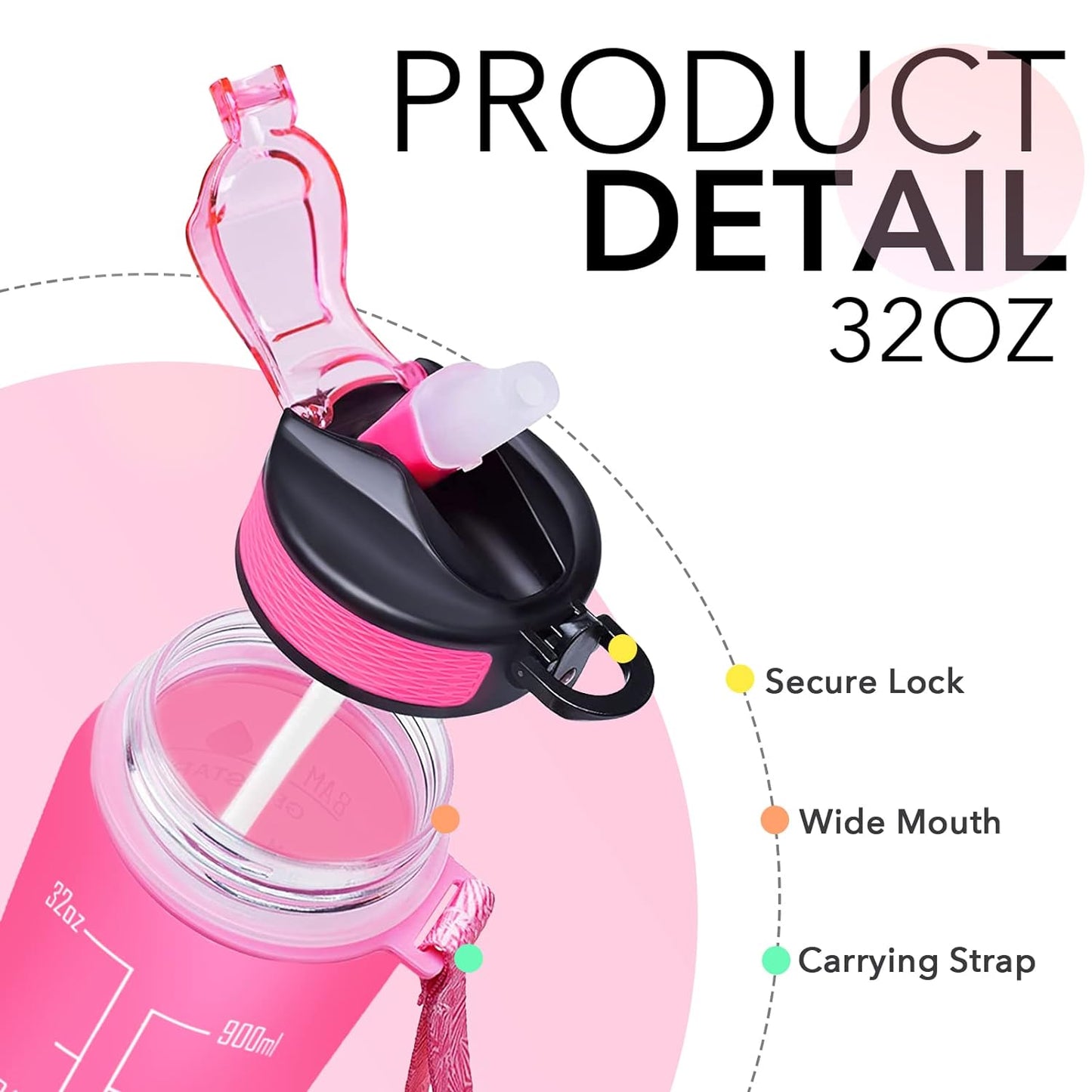 MOTIVATIONAL WATER BOTTLE WITH STRAW & TIME MARKER 900ml