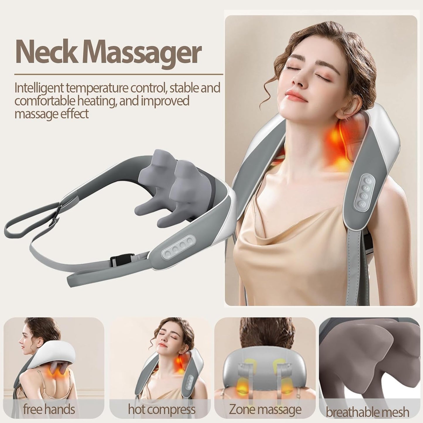 Rechargeable Electric Neck and Shoulder Massager with Heat, 5D Kneading Shiatsu Massage Machine for Cervical Pain Relief | Deep Tissue Neck, Back, and Body