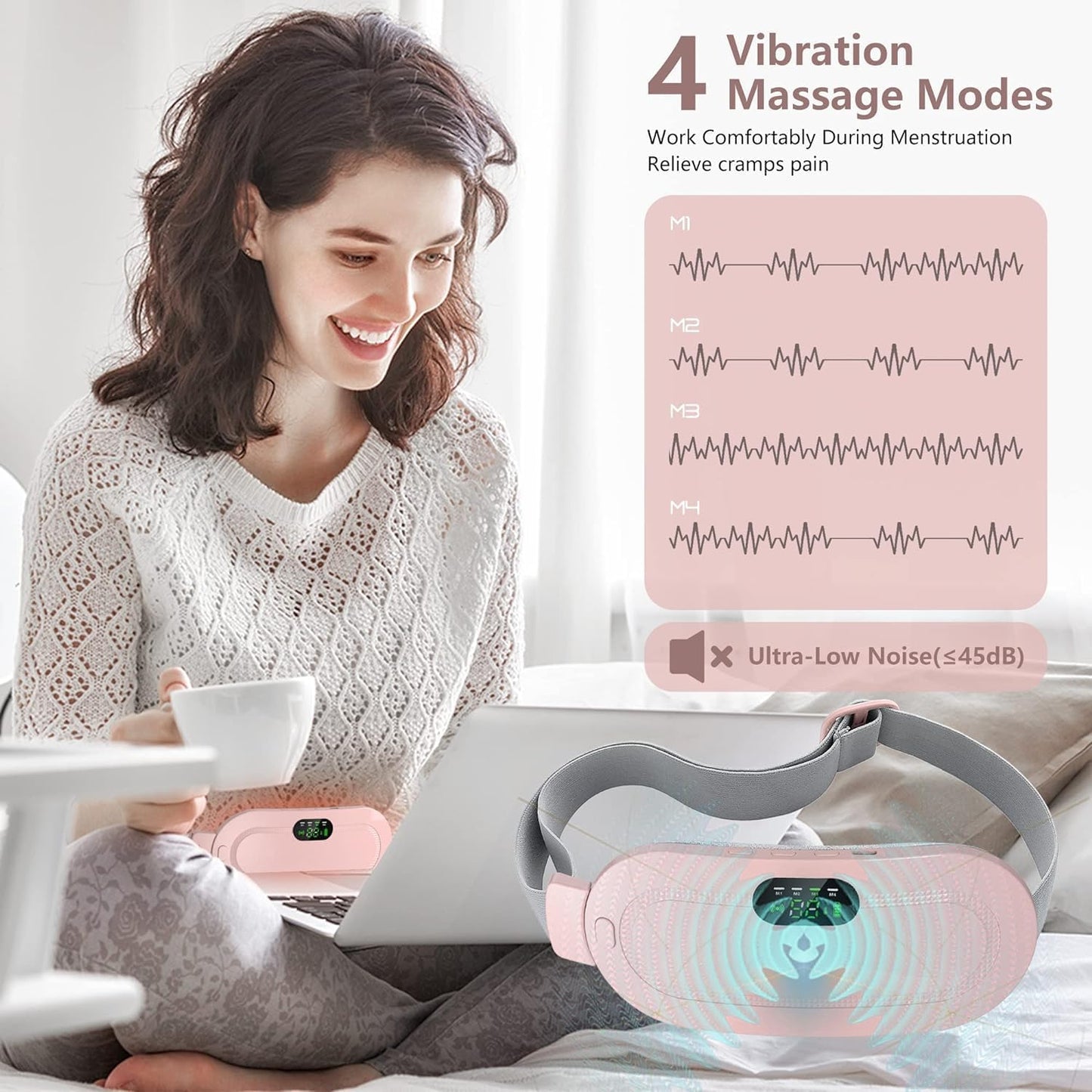 Portable Cordless Period Cramp Relief Massager & Heating Pad – 3-Temperature, 4-Massage Modes, Fast Heating Menstrual Pain Relief Device for Women