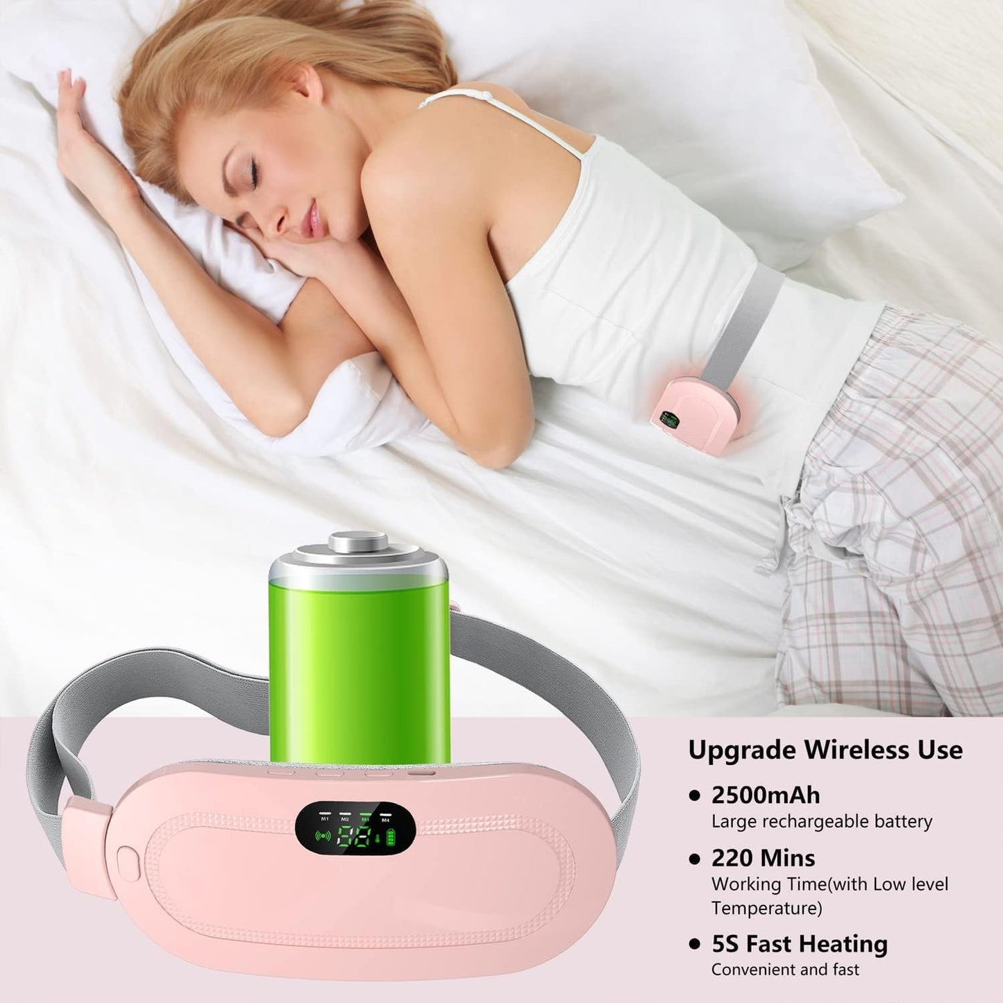 Portable Cordless Period Cramp Relief Massager & Heating Pad – 3-Temperature, 4-Massage Modes, Fast Heating Menstrual Pain Relief Device for Women