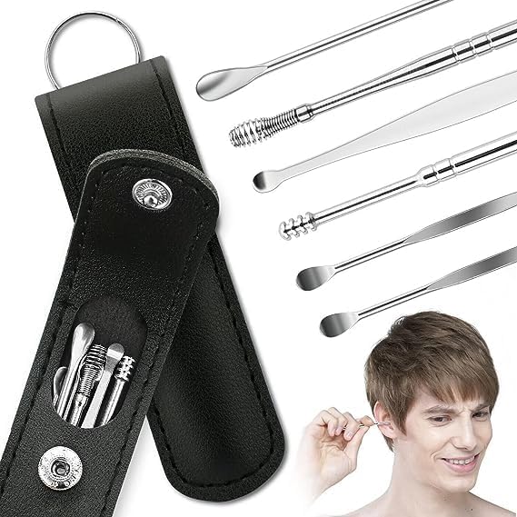 6 Pcs Ear Wax Cleaner - Reusable Ear Cleaner Tool Set with Leather Storage Pouch