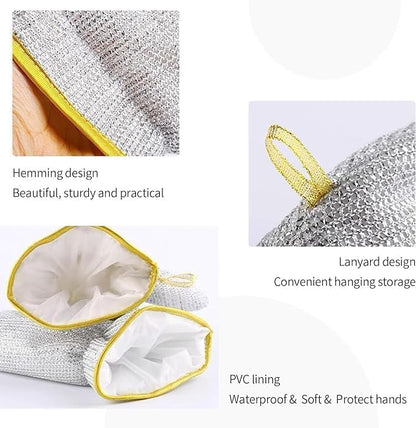 2 Pcs Multipurpose Dishwashing Rags for Wet and Dry Cleaning - Scrubber Dish Cloth + Gloves Steel Wire