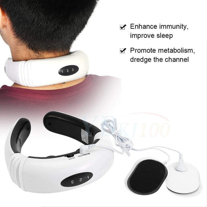 Electric Neck Massager for Deep Tissue Pain Relief Cervical Vertebra Massager Impulse Treatment Device for Acupoint Magnetic Therapy with 2 Electrode Pads