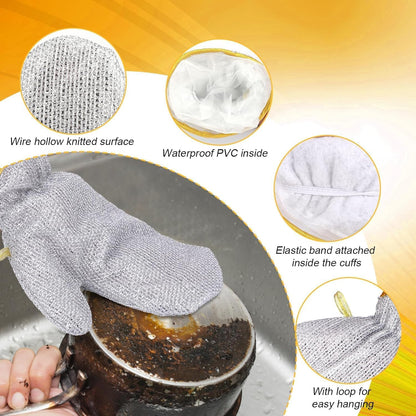 2 Pcs Multipurpose Dishwashing Rags for Wet and Dry Cleaning - Scrubber Dish Cloth + Gloves Steel Wire