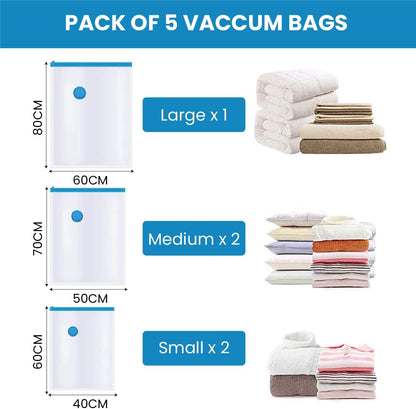 Space Saver (Set of 5) Reusable Vacuum Storage Ziplock Compression Sealer Bags for Travel clothes and home Blankets with hand Pump 2 Small (40x60cm),2 Medium (50x70cm),1 Large(60x 80cm)