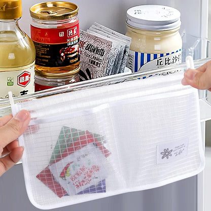 Kitchen Organizer Mesh Bag (White) Refrigerator Inside Door Classification Storage Mesh Bag Refrigerator Hanging Storage Mesh Bag Kitchen Food Small Sundries Storage Mesh bag