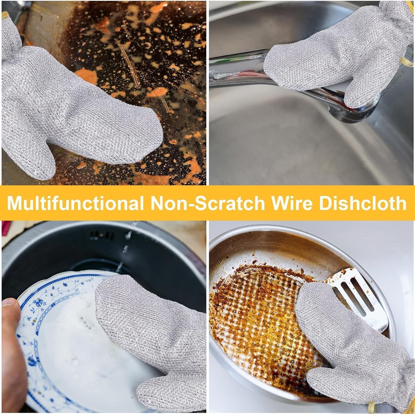 2 Pcs Multipurpose Dishwashing Rags for Wet and Dry Cleaning - Scrubber Dish Cloth + Gloves Steel Wire