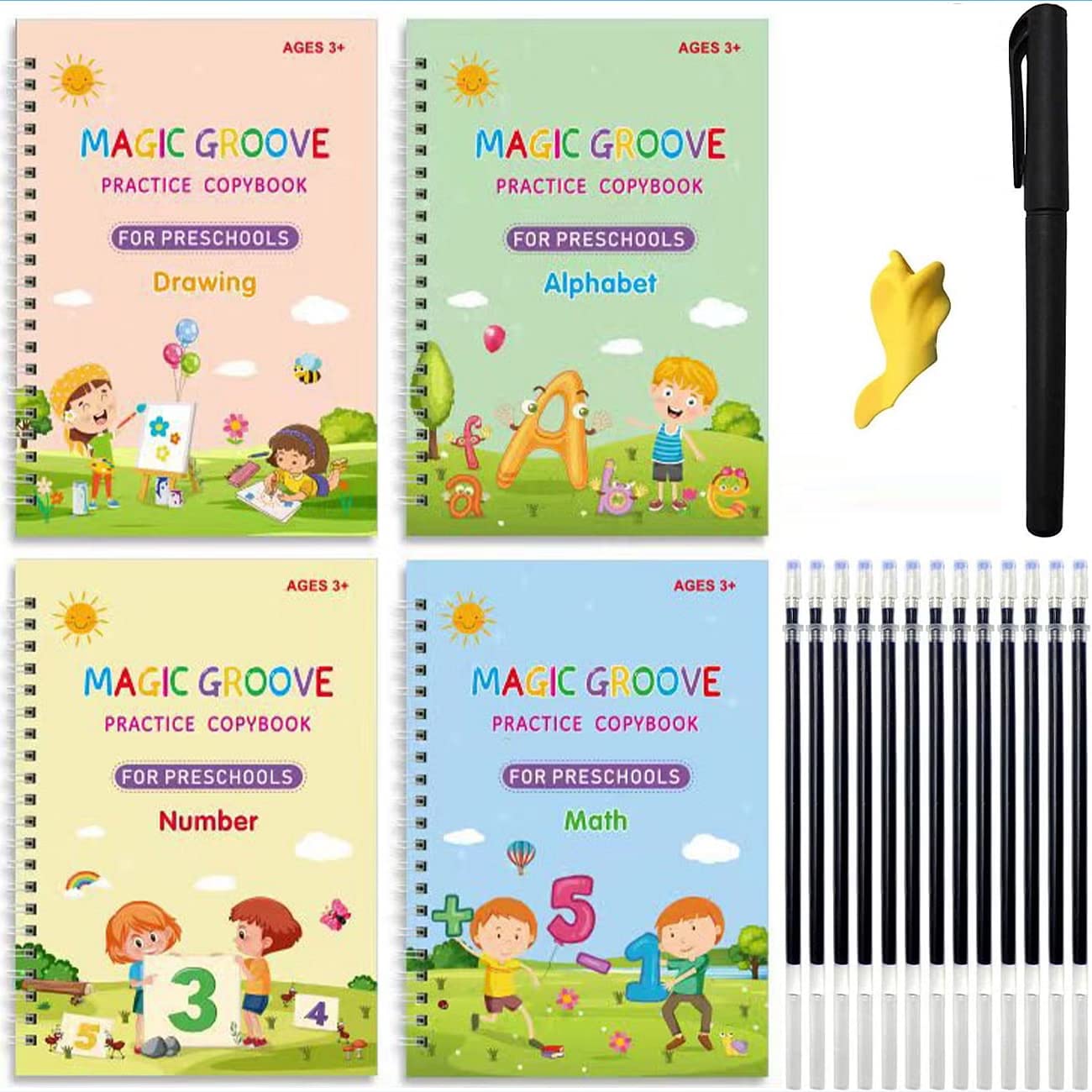 4 Sank Magic Reusable Copybook Set - Boost Writing Confidence Alphabet, Math, Drawing, Number Perfect Gift for Kids 3-7 Reusable & Durable