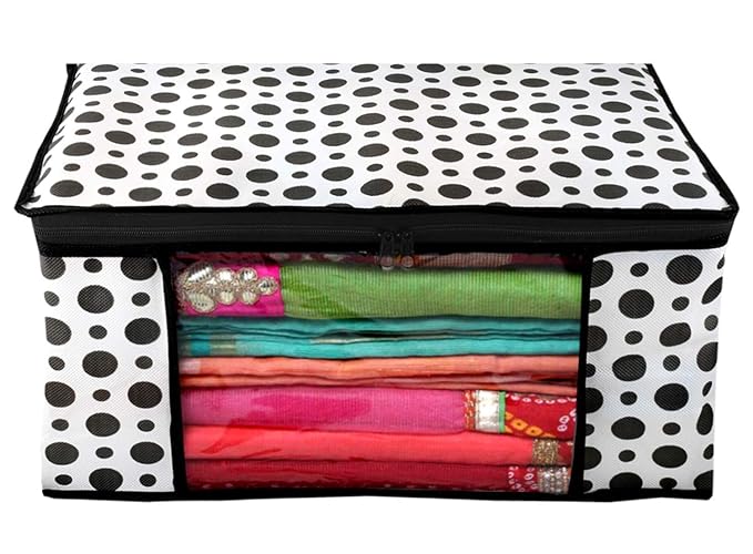 1 Pc Saree Organizer For Wardrobe - Foldable With Zip, Storage Bag For Suit, Lehanga, Dress With Transparent Window Black Polka