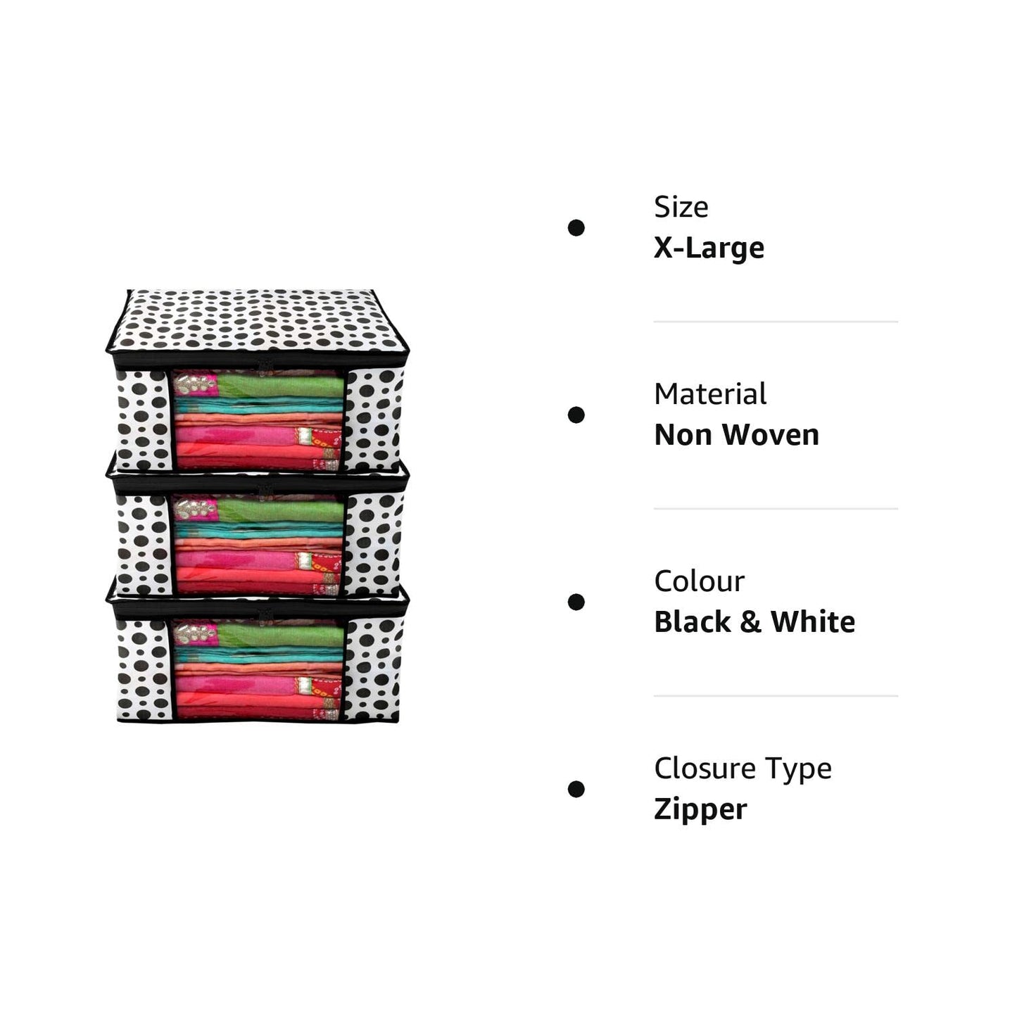 1 Pc Saree Organizer For Wardrobe - Foldable With Zip, Storage Bag For Suit, Lehanga, Dress With Transparent Window Black Polka