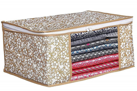 1 Pc Saree Organizer For Wardrobe - Foldable With Zip, Storage Bag For Suit, Lehanga, Dress With Transparent Window Golden Print