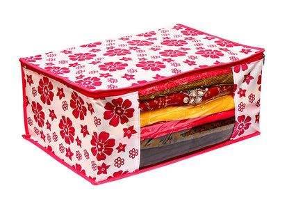 1 Pc Saree Organizer For Wardrobe - Foldable With Zip, Storage Bag For Suit, Lehanga, Dress With Transparent Window Red flower