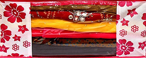 1 Pc Saree Organizer For Wardrobe - Foldable With Zip, Storage Bag For Suit, Lehanga, Dress With Transparent Window Red flower