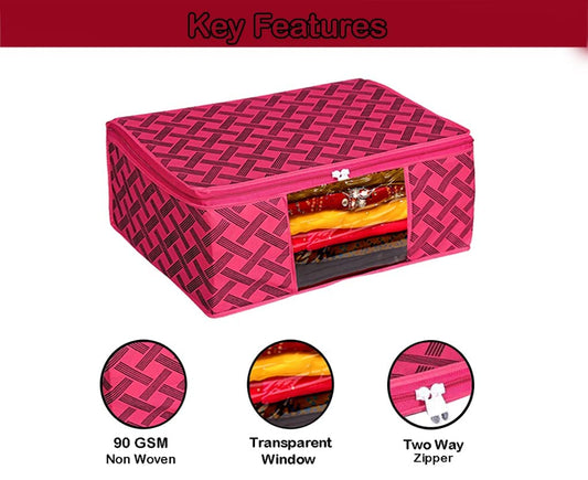 1 Pc Saree Organizer For Wardrobe - Foldable With Zip, Storage Bag For Suit, Lehanga, Dress With Transparent Window Red Print