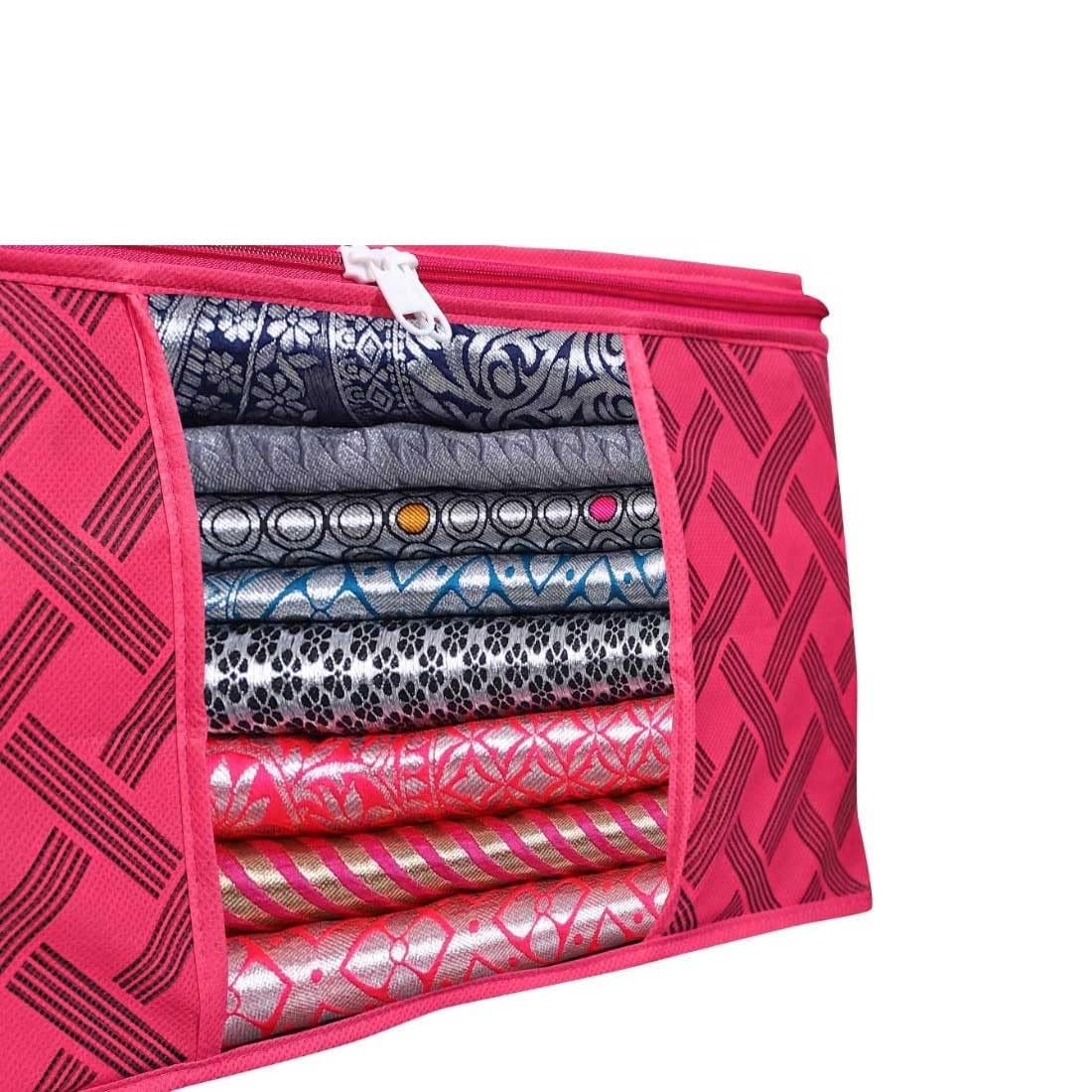 1 Pc Saree Organizer For Wardrobe - Foldable With Zip, Storage Bag For Suit, Lehanga, Dress With Transparent Window Red Print