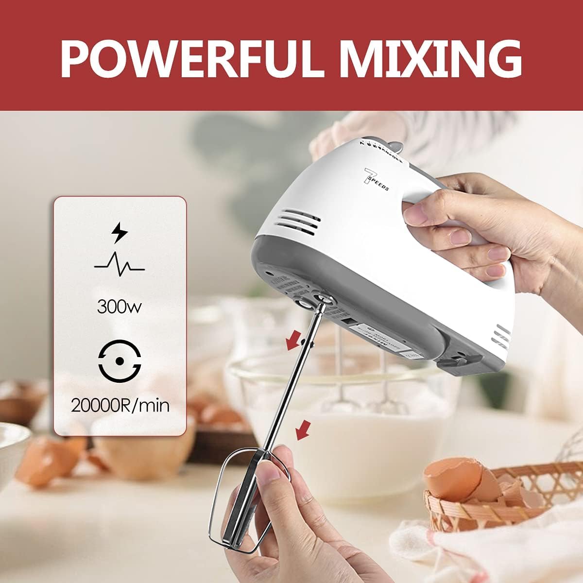 Scarlett Electric Hand Mixer, 7-Speed 260W with 2 Whisks & 2 Beaters, Portable Hand Mixer for Baking, Cake, Cream, & Egg Beating